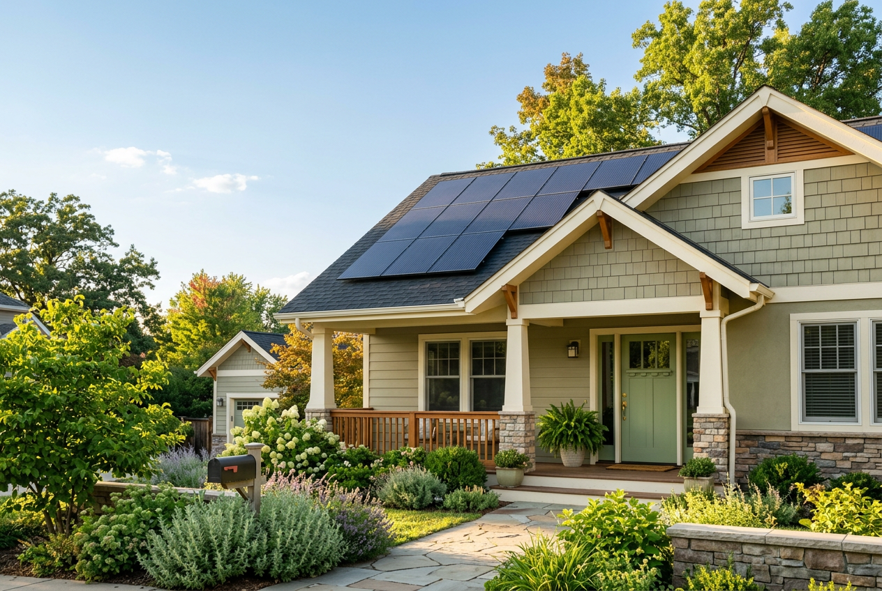 A welcoming home with rooftop solar panels in warm afternoon light